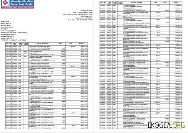 Inde Relevé de compte de la Banque centrale de l'Inde Modèle Word et PDF, 2 pages